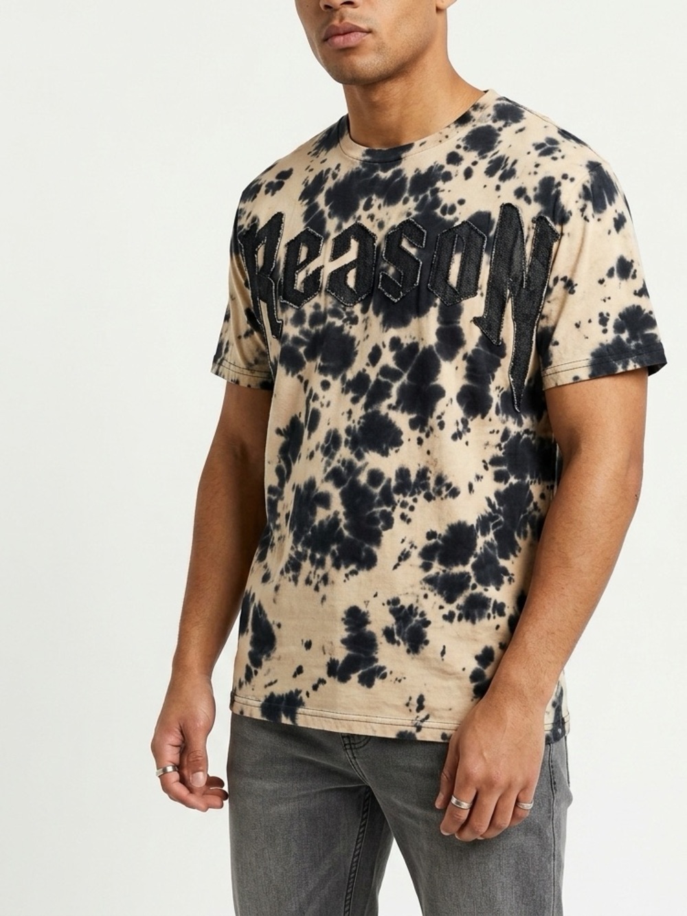Reason Applique Logo Crewneck T-Shirt Tie-Dye Black Beige Size M